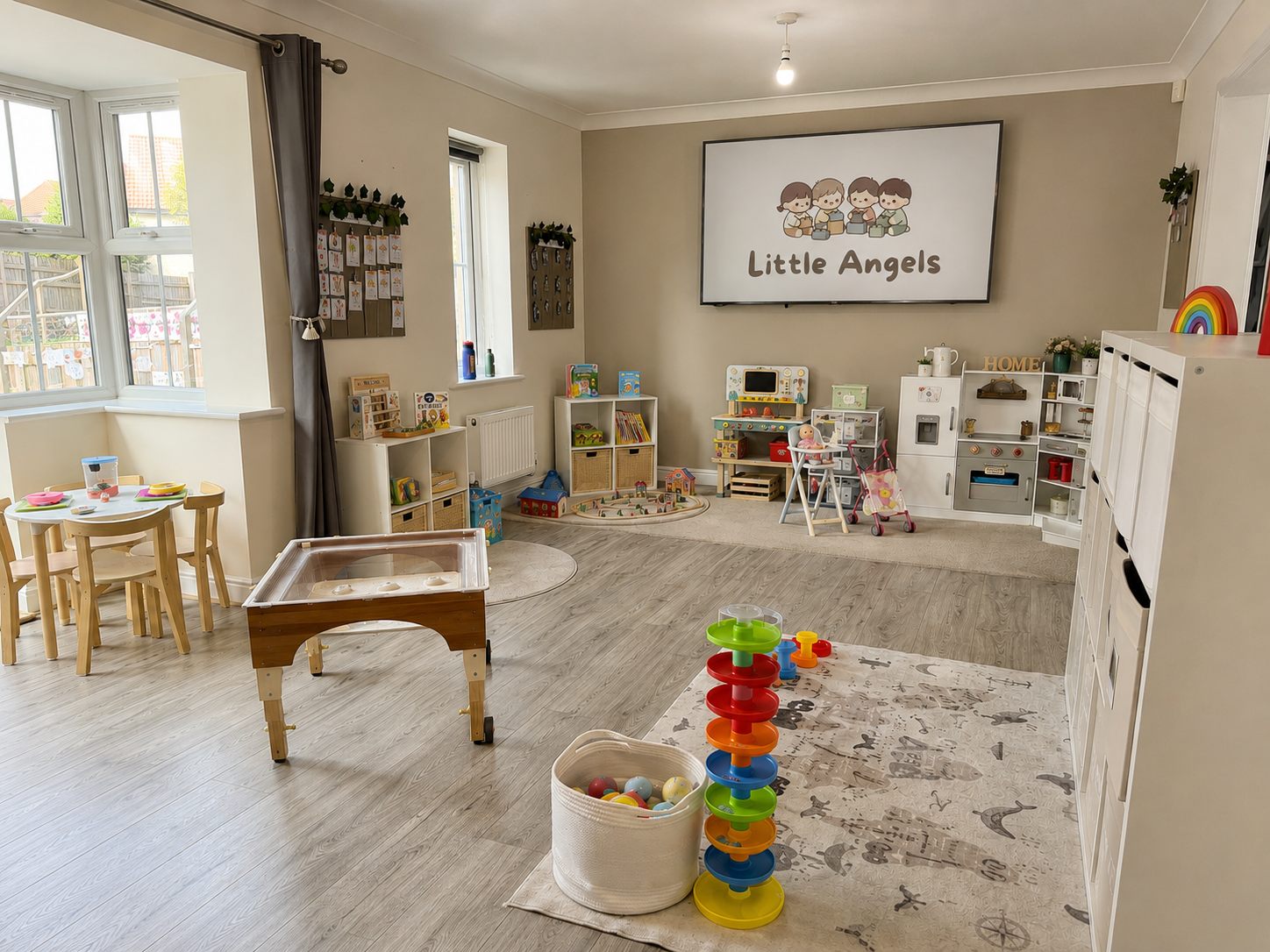 The main playroom at Little Angels, with low shelving, a light table and space to spread out